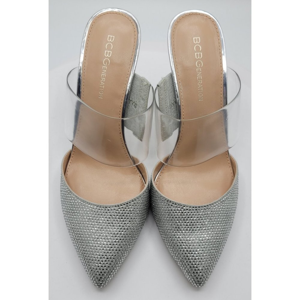 BCBG Harnie Embellished Mule Sandal Heels - Silver 7.5 M